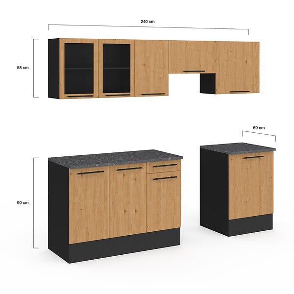 ID MARKET - Cuisine complète 240 cm SUBTIL avec vitrine + plan de travail 7 éléments noir et façon hêtre - large