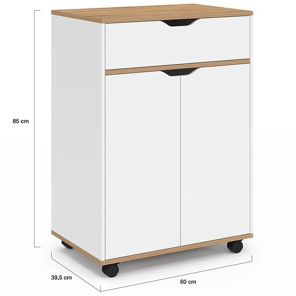 ID MARKET - Desserte de cuisine COSY placard avec tiroir bois blanc et plateaux façon hêtre L.60 CM - large