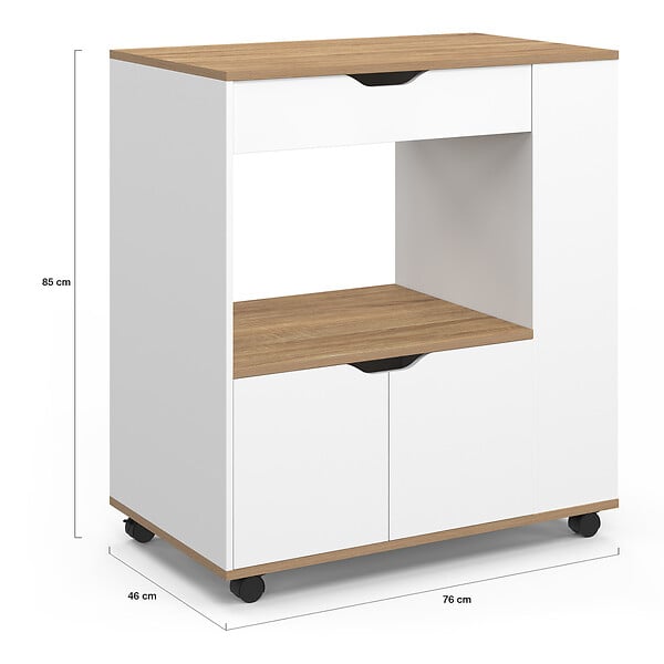 ID MARKET - Desserte micro-onde de cuisine COSI placard avec tiroir et étagères à épices bois blanc et plateaux façon hêtre L.76 cm - large