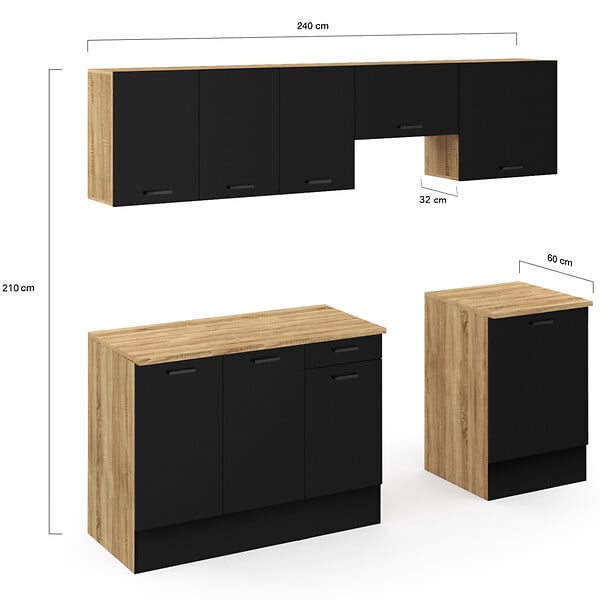 ID MARKET - Cuisine complète 240 cm SUBTIL avec plan de travail 7 éléments bois et noir - large