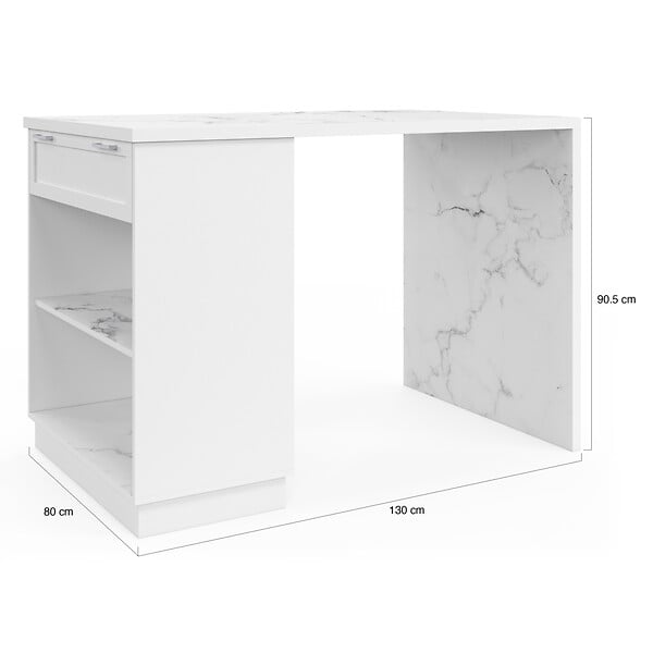 ID MARKET - Ilot central mange-debout 4 personnes VITO 130 cm blanc et plateau marbre ALASKA - large