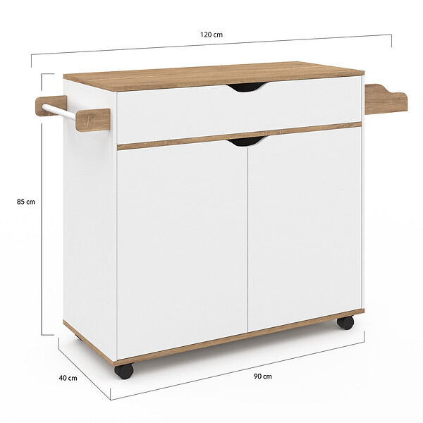 ID MARKET - Desserte de cuisine COSY XXL placard avec tiroir blanc et plateaux façon hêtre L.90 CM - large