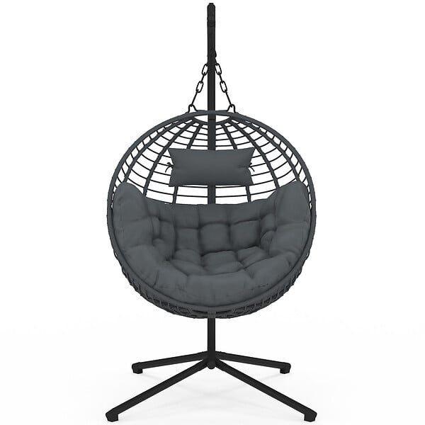 ID MARKET - Fauteuil rond suspendu ajouré effet rotin gris avec coussin gris - large