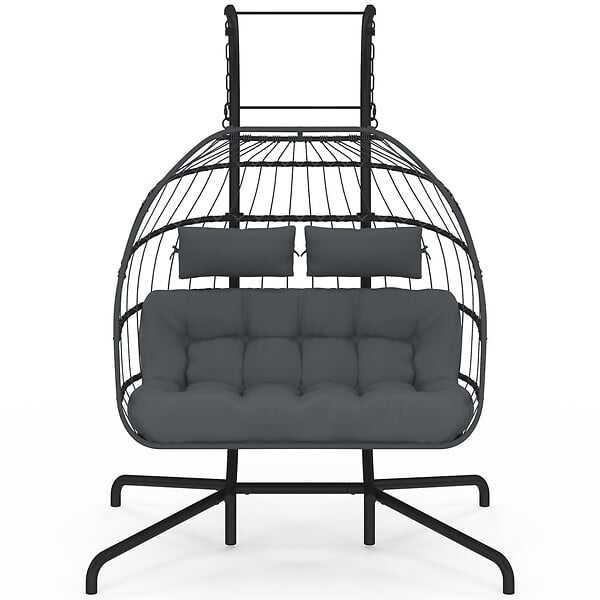 ID MARKET - Fauteuil oeuf suspendu ajouré 2 places effet rotin gris avec coussin gris - large