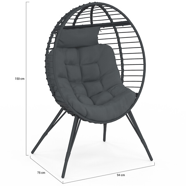 ID MARKET - Fauteuil oeuf sur pied ajouré gris effet rotin avec coussin gris - large