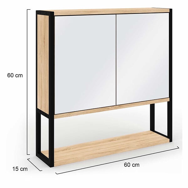 ID MARKET - Meuble de rangement suspendu avec miroir pour salle de bain DETROIT design industriel - large