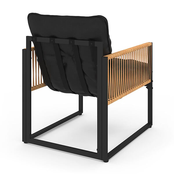 ID MARKET - Salon de jardin bas RIO 6 places structure métal noir, cordage effet rotin clair et coussins noirs - large
