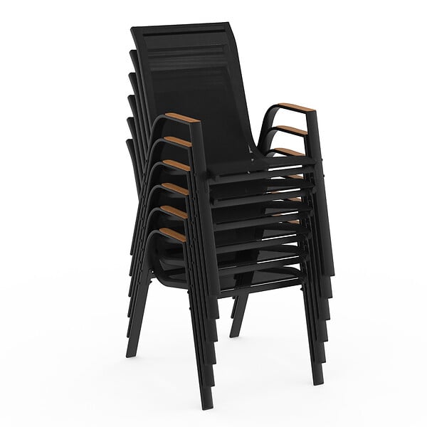 ID MARKET - Salon de jardin NOUMEA table extensible 135/270 CM plateau verre trempé effet bois et 12 chaises empilables noir et bois - large