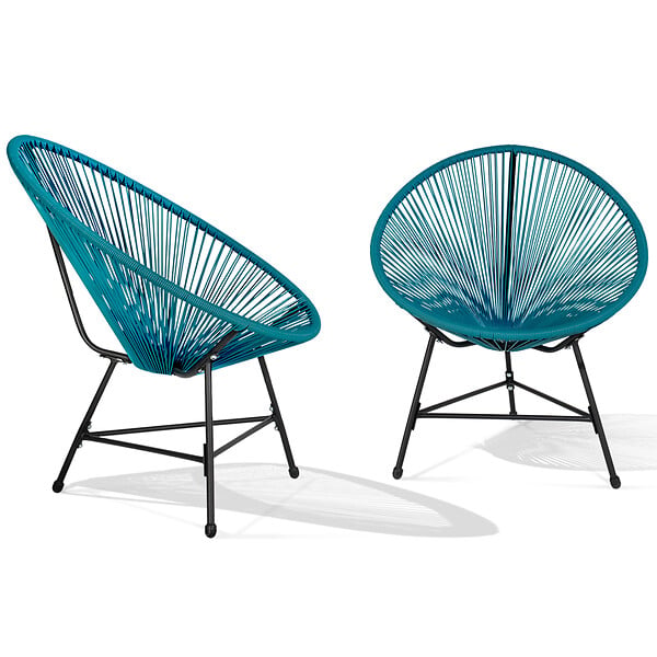 ID MARKET - Salon de jardin IZMIR table et 2 fauteuils oeuf cordage bleu canard - large