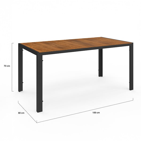 ID MARKET - Salon de jardin NOUMEA table 150 cm plateau verre trempé effet bois et 6 chaises empilables noir et bois - large