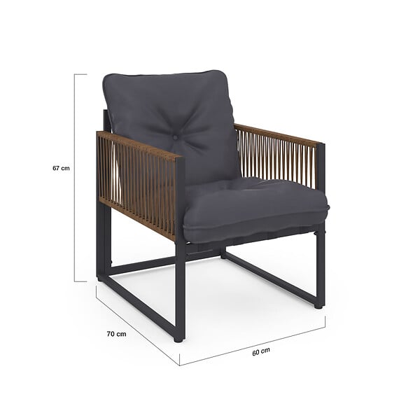 ID MARKET - Salon de jardin bas RIO 8 places salon d'angle structure métal gris anthracite, cordage effet rotin avec coussins gris - large