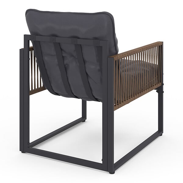 ID MARKET - Salon de jardin bas RIO 6 places structure métal gris anthracite, cordage effet rotin avec coussins gris - large