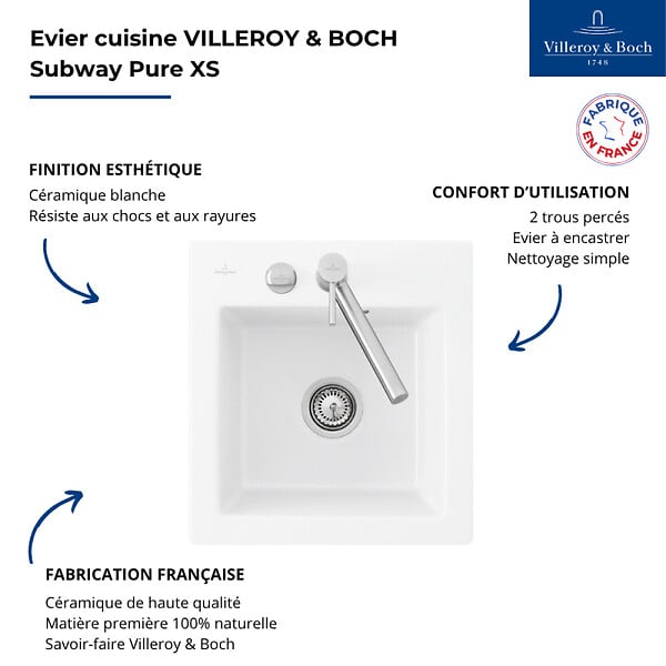 VILLEROY ET BOCH - Evier 1 bac sans egouttoir  Subway Pure XS 47,5 x 51 cm Blanc - large