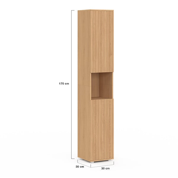 ID MARKET - Meuble colonne salle de bain VICTOR 2 portes 1 niche effet lattes - large