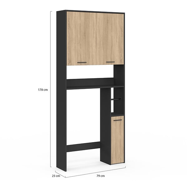 ID MARKET - Meuble étagère dessus WC WALLIS noir et bois façon hêtre - large