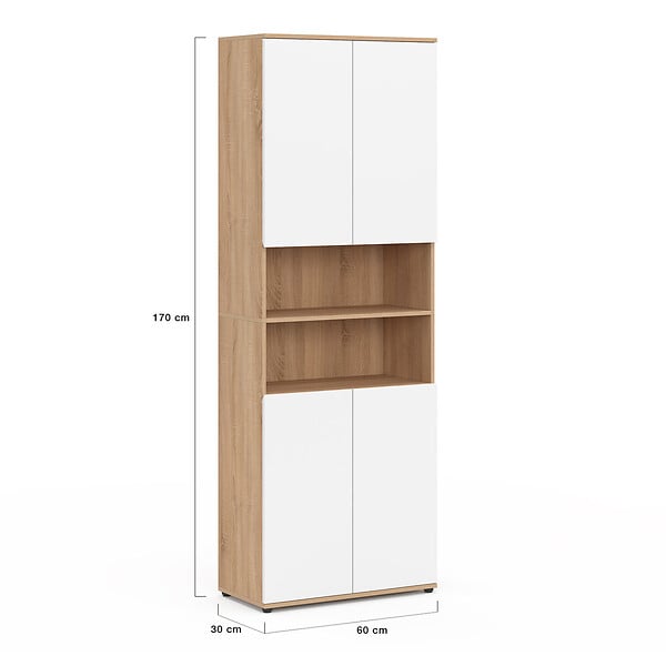 ID MARKET - Meuble armoire colonne salle de bain TOMI 4 portes 2 niches façon hêtre et blanc - large