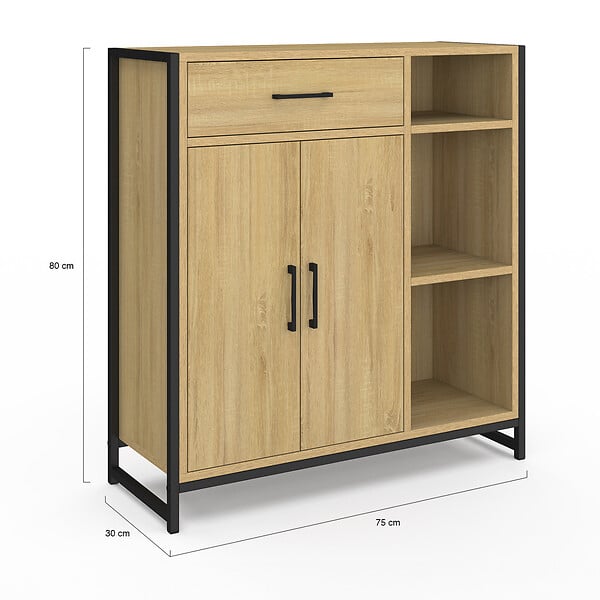 ID MARKET - Meuble de rangement salle de bain DETROIT 1 tiroir 2 portes placard et étagères design industriel - large
