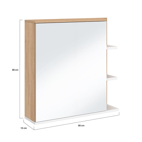 ID MARKET - Meuble de rangement suspendu avec miroir et étagères pour salle de bain TOMI façon hêtre et blanc - large
