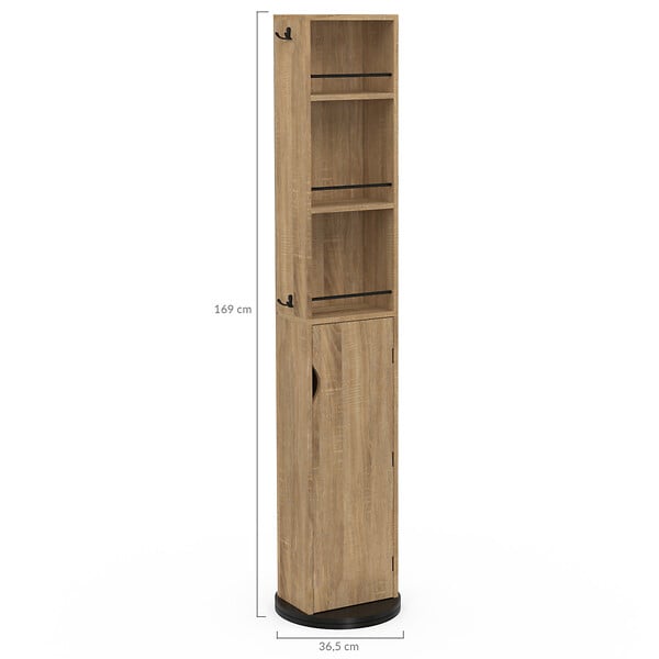 ID MARKET - Meuble colonne pivotante de salle de bain avec miroir, placard et étagères hêtre et noir ELIA - large