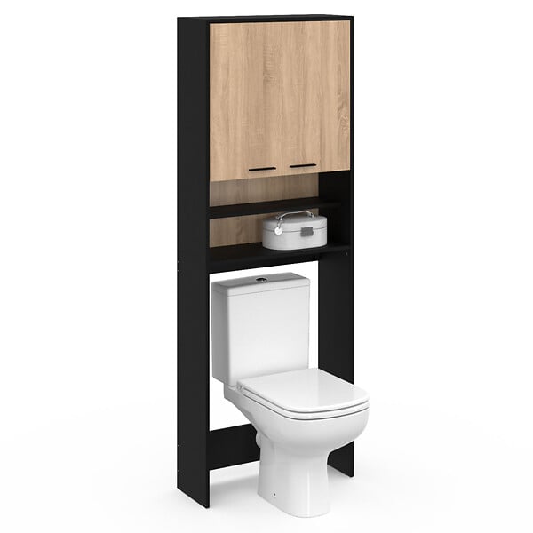 ID MARKET - Meuble étagères de rangement dessus machine à laver et WC WALLIS noir et bois façon hêtre - large