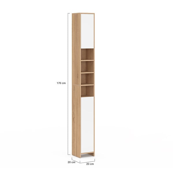ID MARKET - Meuble colonne salle de bain TOMI 2 portes 4 niches façon hêtre et blanc - large