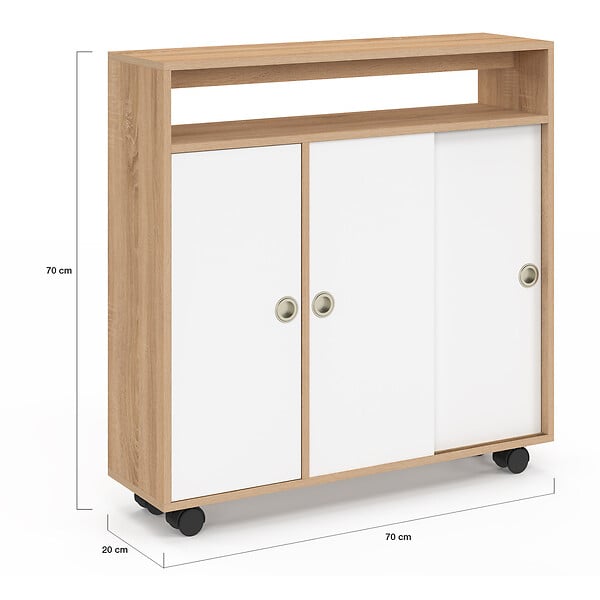 ID MARKET - Armoire d'appoint meuble de rangement à roulettes salle de bain TOMI structure hêtre plateau blanc - large