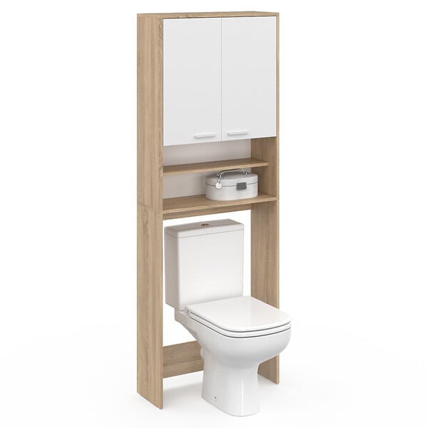 ID MARKET - Meuble étagères de rangement dessus machine à laver et WC WALLIS blanc et hêtre - large