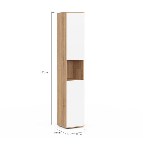 ID MARKET - Meuble colonne salle de bain suspendu TOMI 2 portes 1 niche façon hêtre et blanc - large