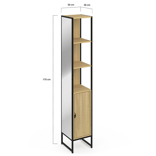 ID MARKET - Meuble colonne salle de bain DETROIT 1 porte avec miroir et étagères design industriel - large