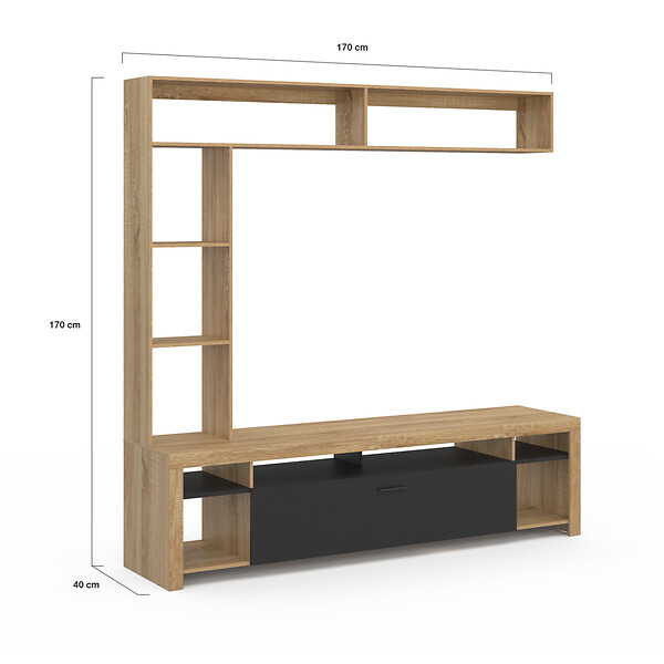 ID MARKET - Ensemble meuble TV et étagères 170 cm MALO bois et placard noir - large