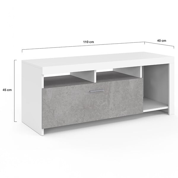 ID MARKET - Meuble TV 110 cm MALO blanc et placard effet béton - large