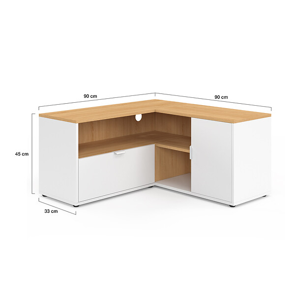 ID MARKET - Meuble TV 90 x 90 cm d'angle BALTAZAR façon hêtre et blanc - large