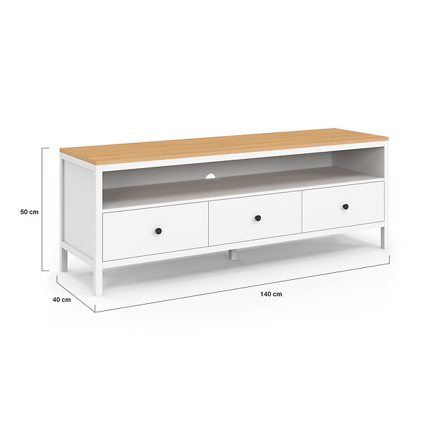 ID MARKET - Meuble TV 140 cm ACHILLE 3 tiroirs blanc et plateau bois - large