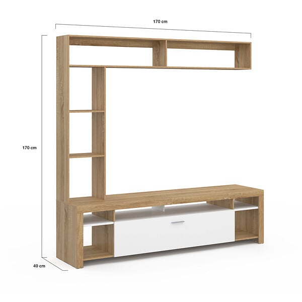 ID MARKET - Ensemble meuble TV et étagères 170 cm MALO bois et placard blanc - large