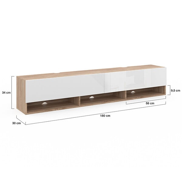 ID MARKET - Meuble TV 180 cm suspendu ELIO 2 portes avec étagère bois et blanc - large