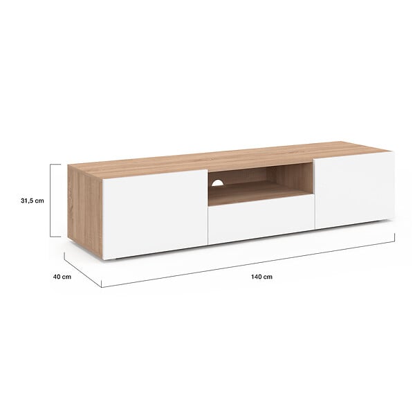 ID MARKET - Meuble TV 140 cm ELI bois façon hêtre portes blanches - large