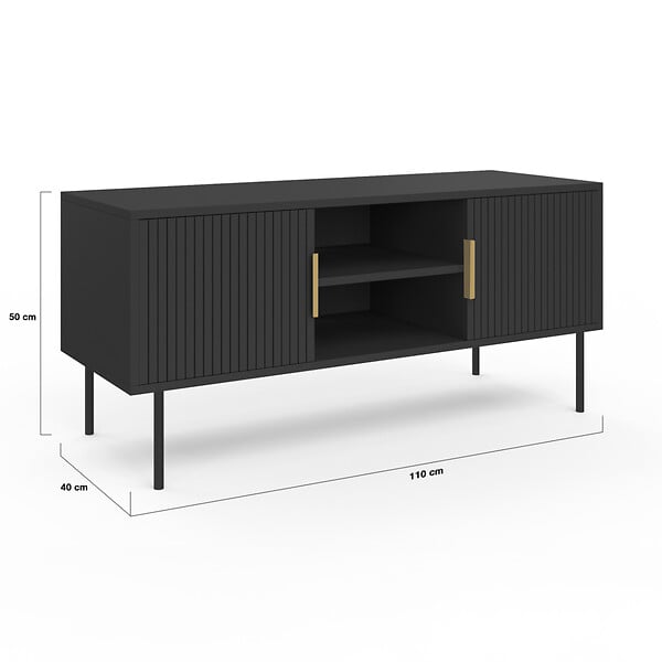 ID MARKET - Meuble TV 110 cm MARCEL 2 portes lattes tasseau bois noir - large