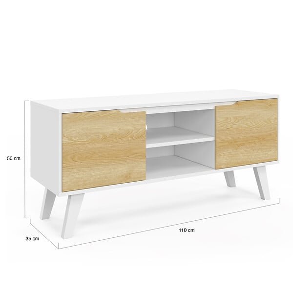 ID MARKET - Meuble TV 110 cm FINN blanc 2 portes façon hêtre - large