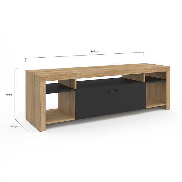 ID MARKET - Meuble TV 140 cm MALO bois et placard noir - large