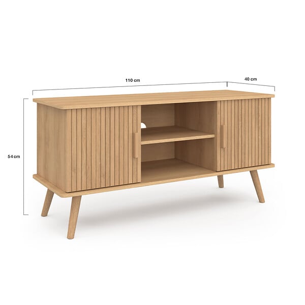 ID MARKET - Meuble TV 110 cm JULIETTE 2 portes lattes tasseau bois coloris chêne - large