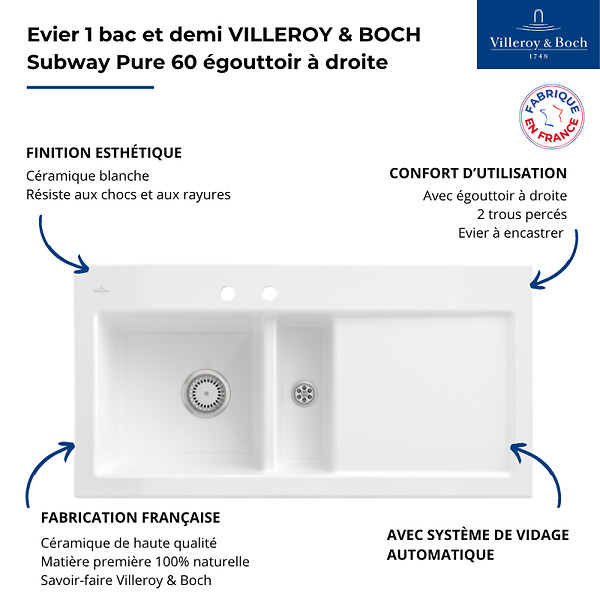 VILLEROY ET BOCH - Evier 1 bac et demi avec egouttoir a droite  Subway Pure 60 100 x 51 cm Blanc sans vidage - large