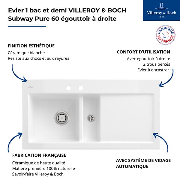 VILLEROY ET BOCH - Evier 1 bac et demi avec egouttoir a droite  Subway Pure 60 100 x 51 cm Blanc vidage automatique inclus - large