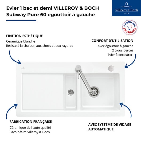 VILLEROY ET BOCH - Evier 1 bac et demi avec egouttoir a gauche  Subway Pure 60 100 x 51 cm Blanc vidage automatique inclus - large