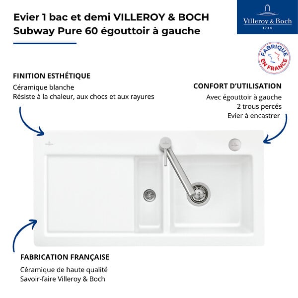 VILLEROY ET BOCH - Evier 1 bac et demi  Subway Pure 60 100 x 51 égouttoir à gauche céramique sans vidage blanc - large