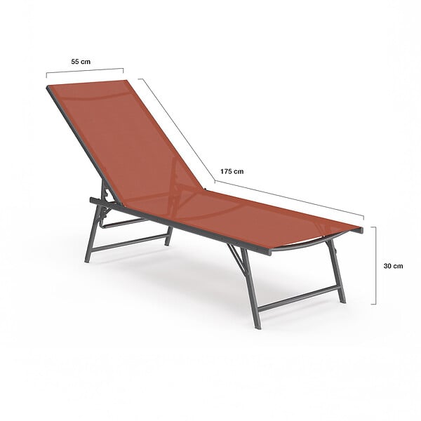 ID MARKET - Lot de 2 transats de jardin inclinables KAILUA en acier gris anthracite et toile terracotta - large