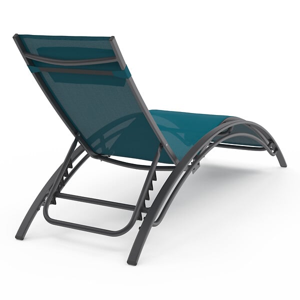 ID MARKET - Lot de 2 transats de jardin inclinables en acier HAVANE gris anthracite et toile bleu canard avec coussin - large
