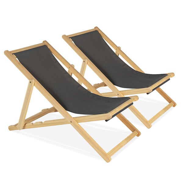 ID MARKET - Lot de 2 chaises longues pliantes chilienne bois toile gris anthracite - large
