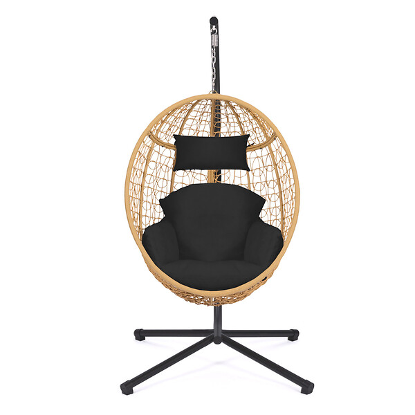 ID MARKET - Fauteuil oeuf suspendu ajouré effet rotin avec coussin noir - large