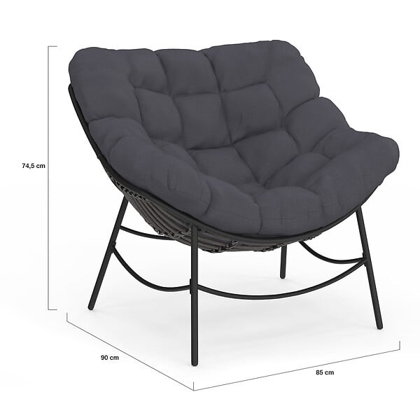 ID MARKET - Fauteuil de jardin relax LOA effet rotin gris et coussin gris - large