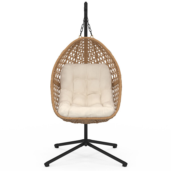 ID MARKET - Fauteuil lune suspendu ajouré effet rotin avec coussin écru - large